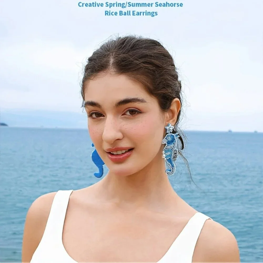 NEW! HAND BEADED Rice BALL STATEMENT SEAHORSE EARRINGS